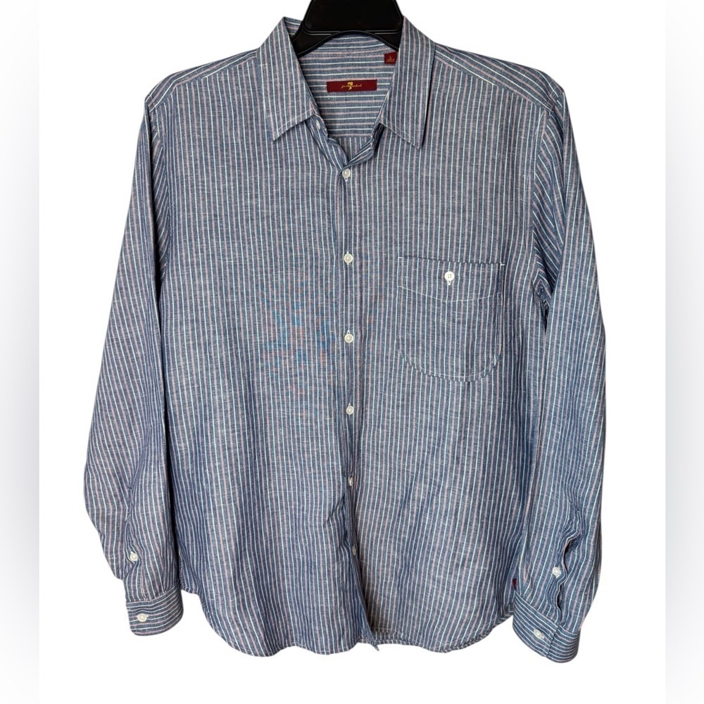 7 For All Mankind Men’s Linen Blend Casual Button Down Navy Striped Shirt Sz L